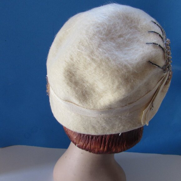 Mid Century Cloche in Cream Felt with Silver Tone Beading main image 11